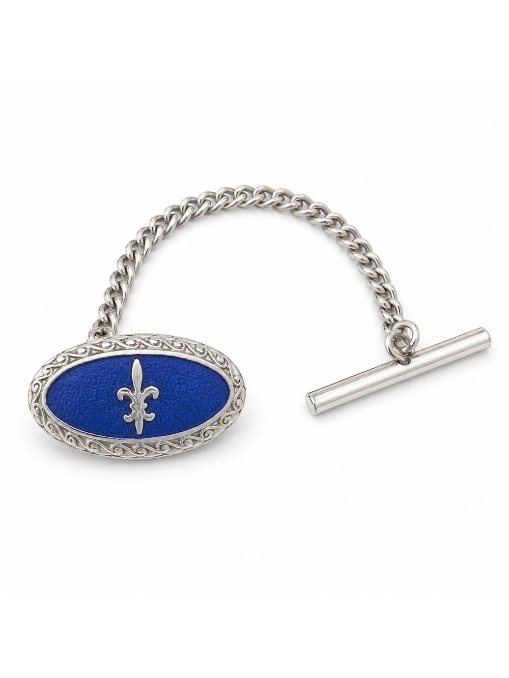 VTG Tie Tack w/Chain Bar Blue Enamel Fleur-De-Lis Silver Tone Oval Chain T-Bar